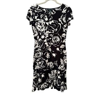 Lauren Ralph Lauren Black & White Floral Mini Dress Cap Sleeve Flounce Hem Sz S